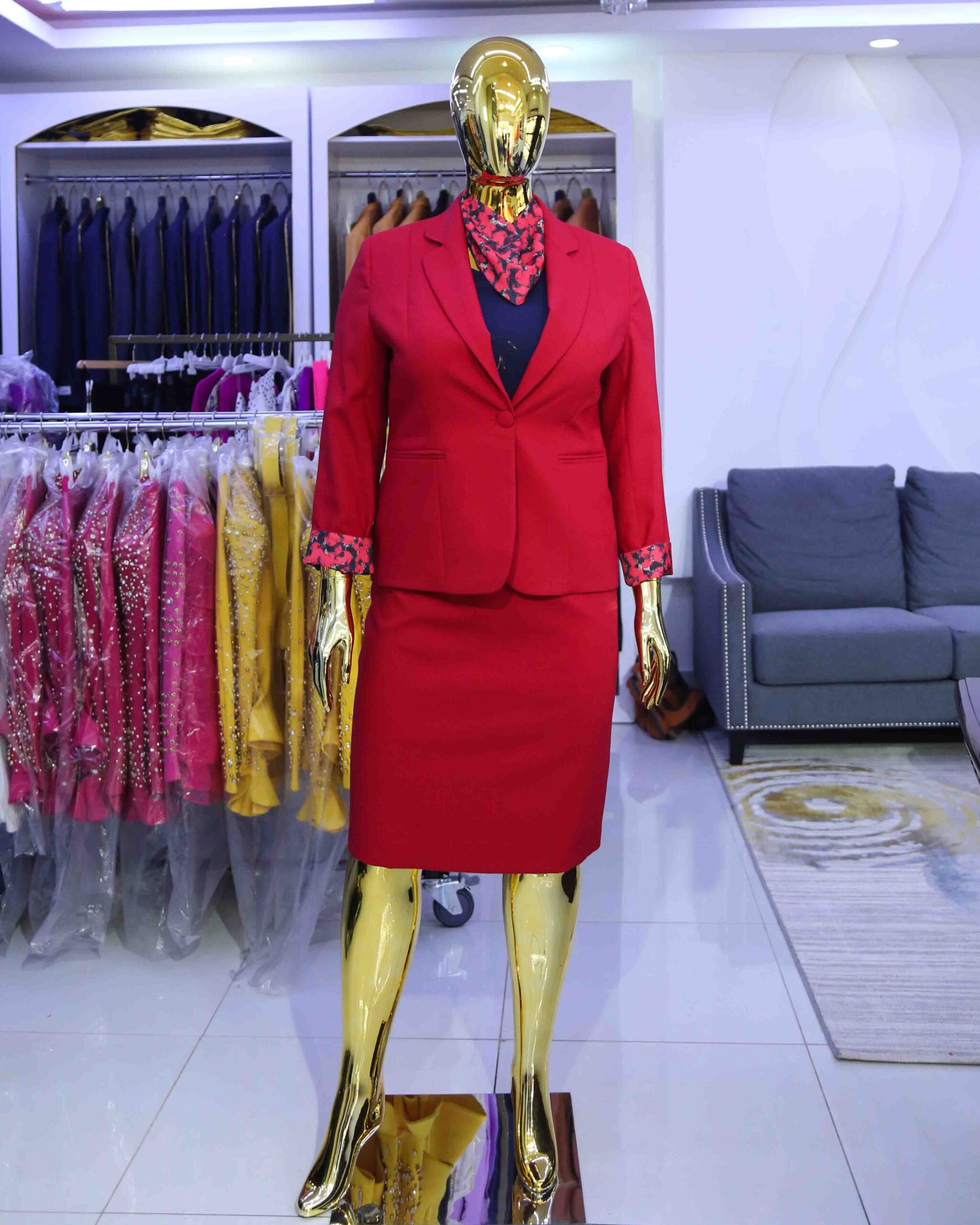 Skirt suit with floral scarf