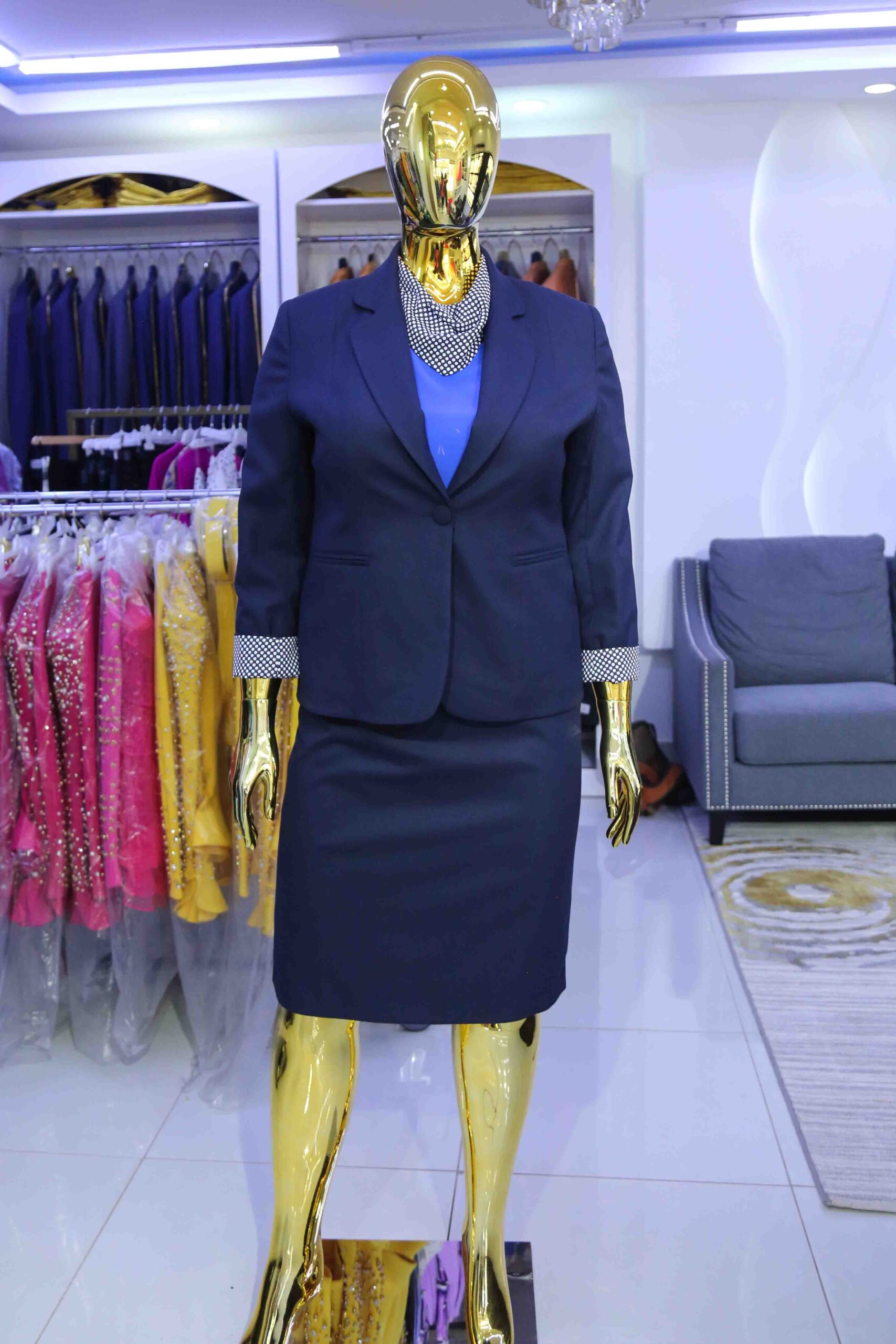 White polka dot Skirt suit with scarf