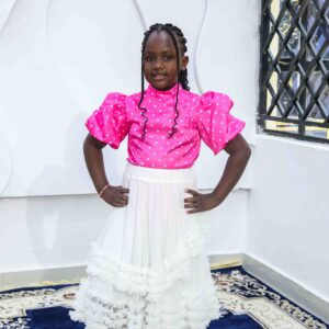 Pink Polka Dot Top With White Skirt